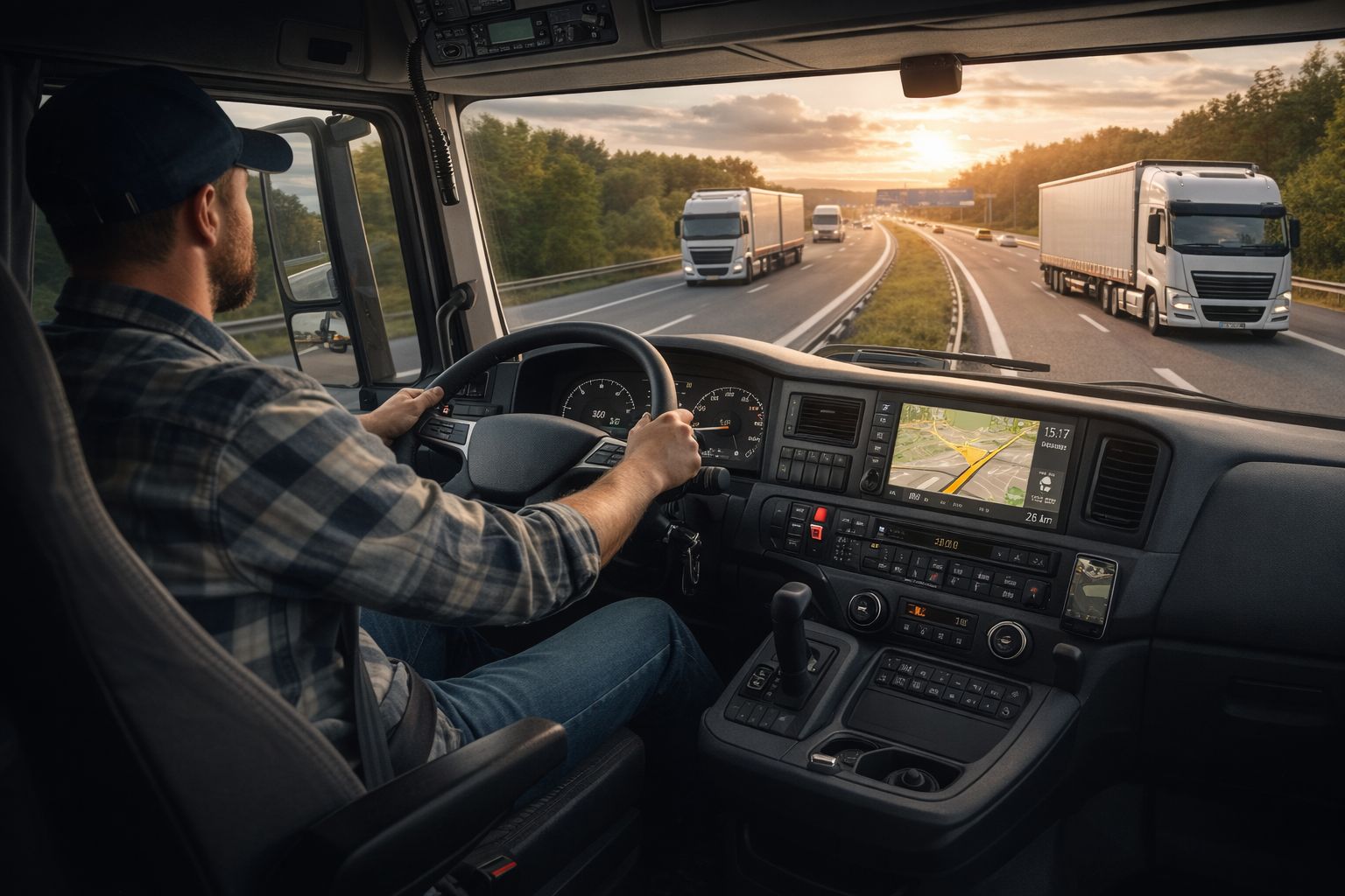 Blick aus einer LKW-Fahrerkabine auf eine Autobahn