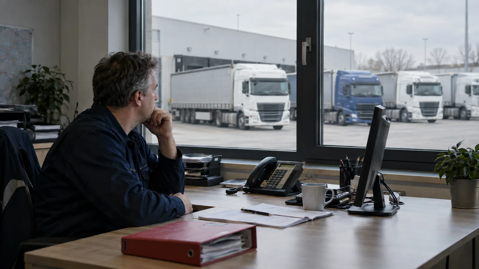 Disponent blickt aus dem Büro auf abgestellte LKW im Betriebshof.