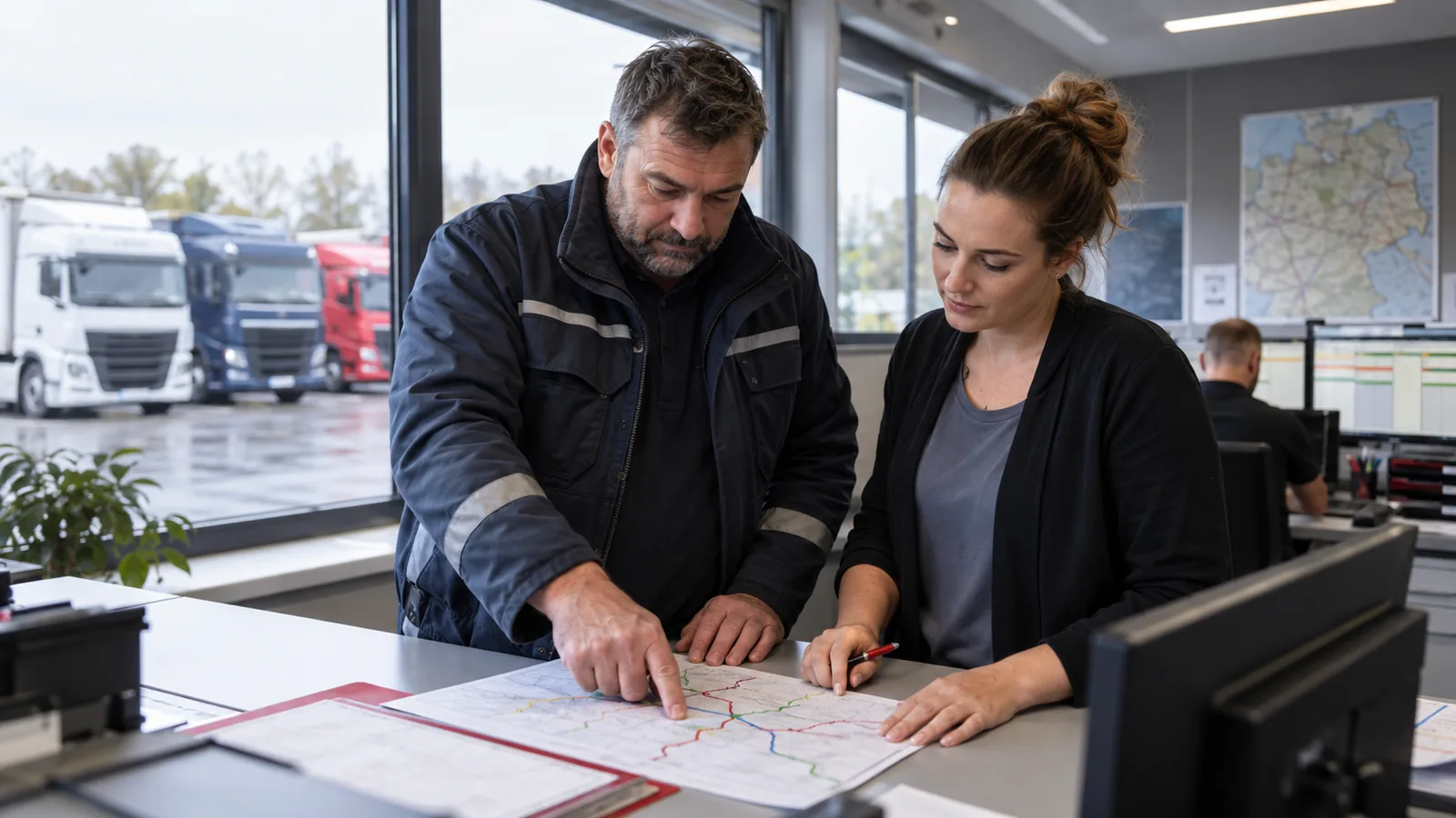 Fahrer und Disponentin stimmen eine Tour gemeinsam ab.