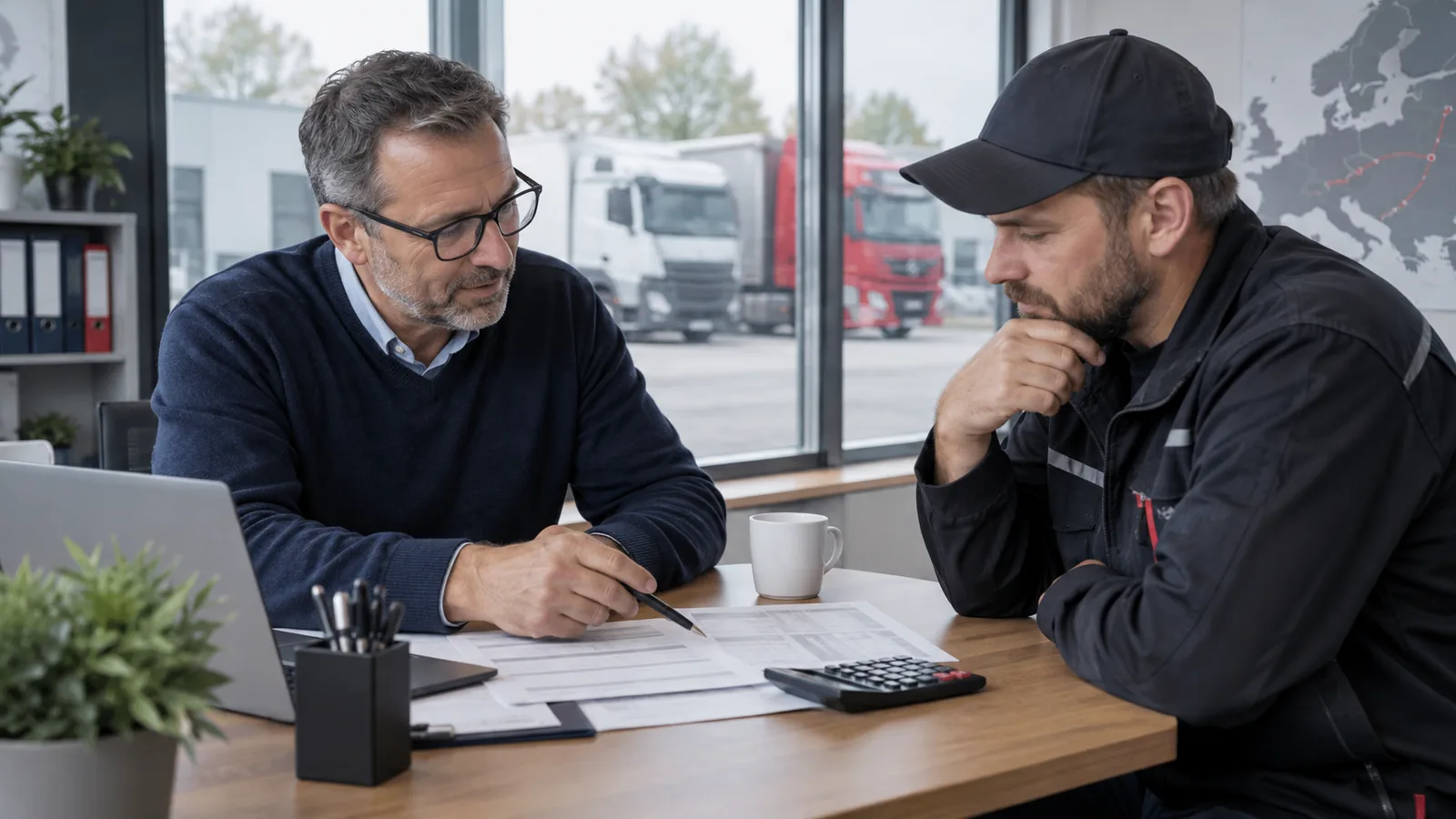 Arbeitgeber und Fahrer besprechen die Vergütung anhand einer Abrechnung.
