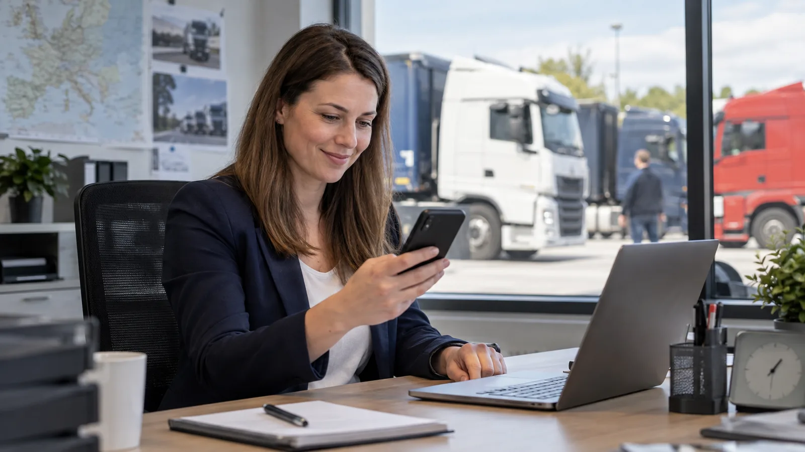 Recruiterin beantwortet eine Fahrerbewerbung am Smartphone.