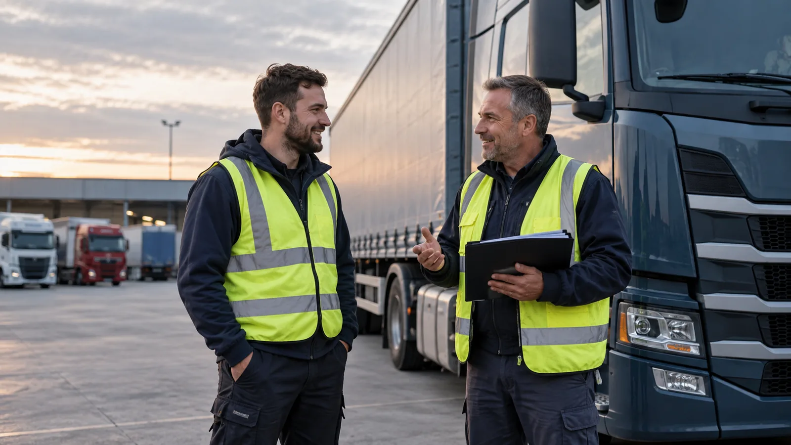 Ein Mentor führt einen neuen LKW-Fahrer im Betriebshof ein.