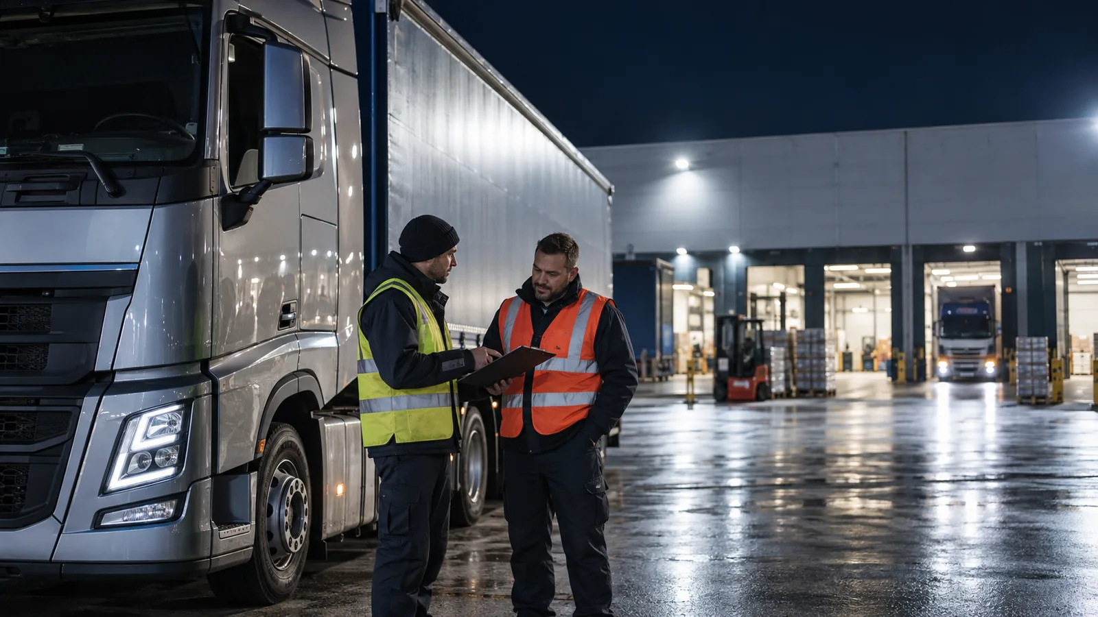 Zwei Fahrer übergeben einen LKW für die Nachtschicht im beleuchteten Depot.