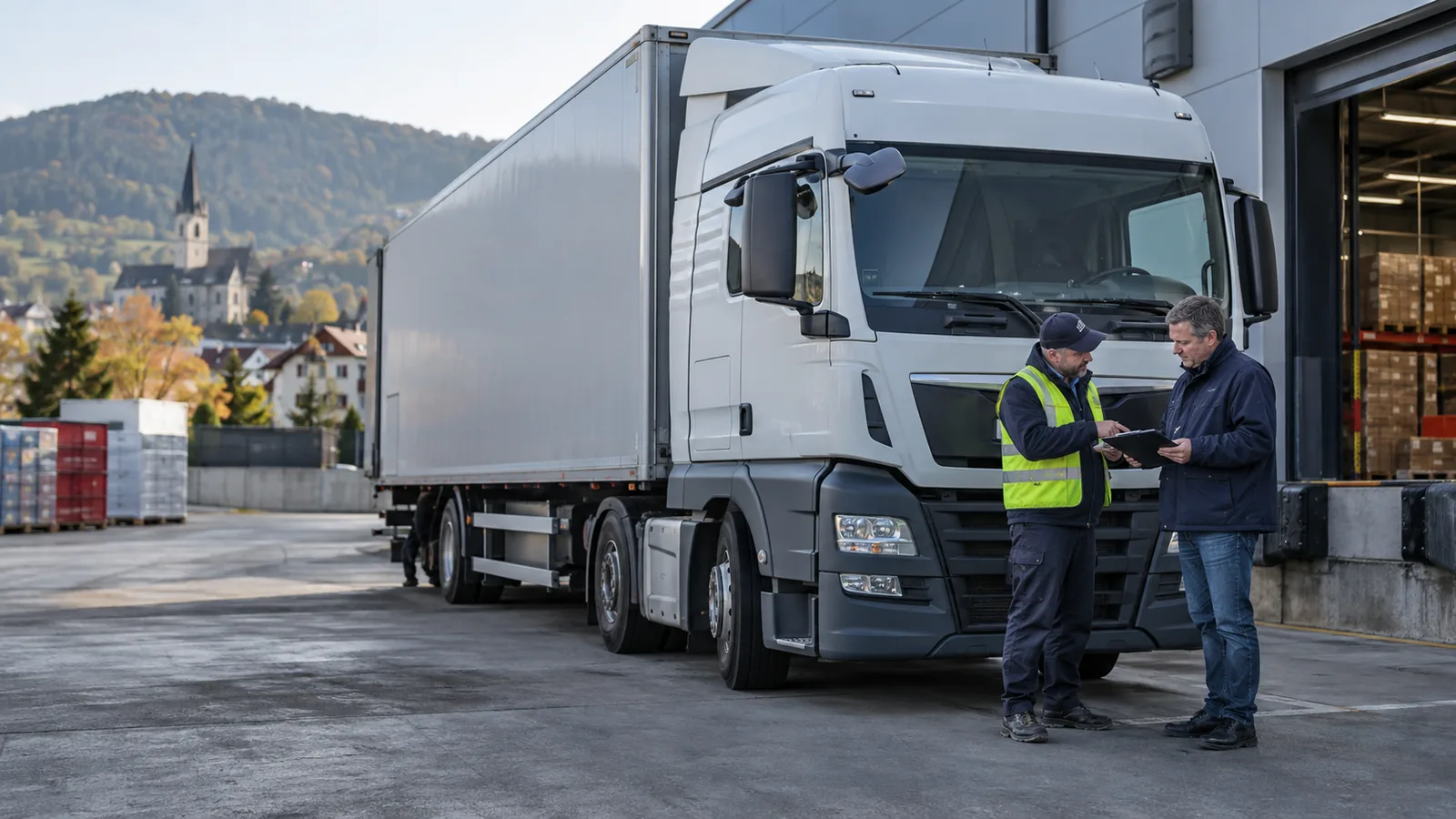 Nahverkehrsfahrer bespricht die Tour neben einem Verteiler-LKW.
