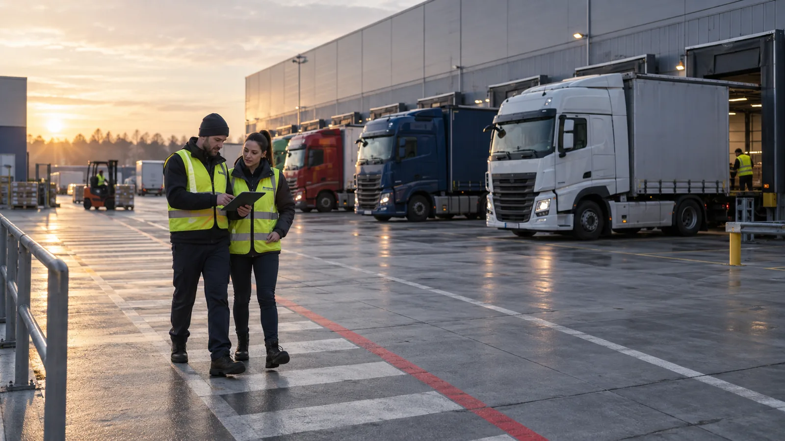 Mitarbeiter planen die Fahrerbesetzung vor mehreren Laderampen.